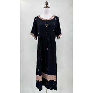 Papy Boez Hand Painted Navy Blue Music Embroidered Midi Shirt Dress Sz S/M
